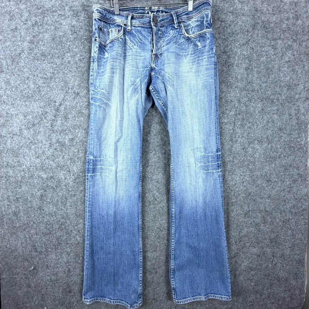575 Denim Y2K Bootcut Jeans Mens 34 Blue Cotton Straight Leg Whisker Light Wash
